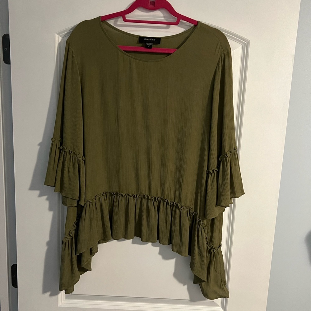 Karen Kane Ruffle Hem Gauze Top Women's Size L Olive Green High Low 3/4 Sleeve